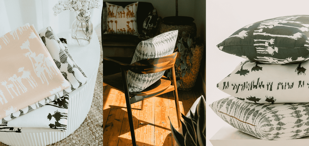 Three styled images of Mesa linen upholstery fabric — folded yardage, a pillow on a wood chair in warm light, and stacked pillows in the Mesa print